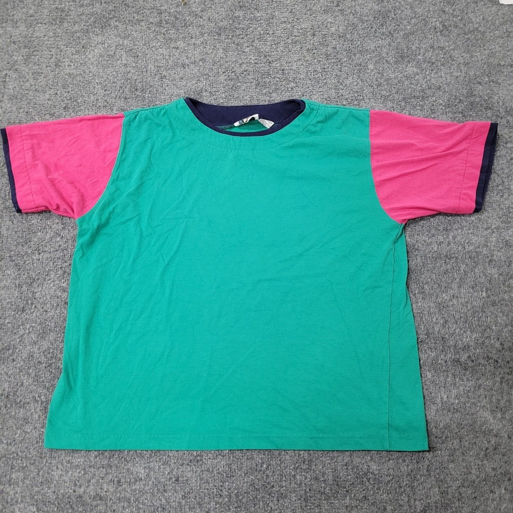 Vintage T-Shirt Womens Size L Green Pink Colorblock Retro Short Sleeve Hong Kong